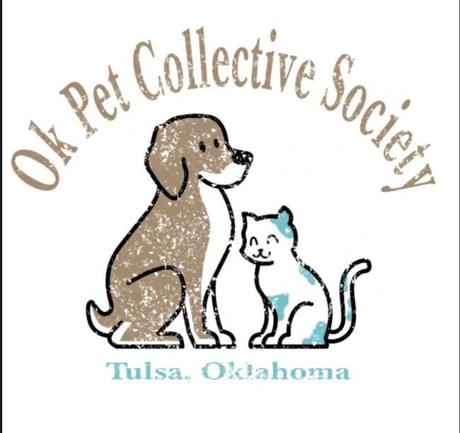 Oklahoma Pet Collective Society (Tulsa, Oklahoma) logo drawn light brown and white dog teal and white cat facing each other 