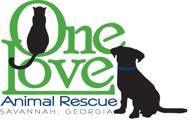 One Love Animal Rescue, Inc (Savannah, Georgia) logo large bright green lettering black silhouette of cat sitting inside the letter o dark blue smaller lettering below black silhouette of dog with blue collar sitting to the right