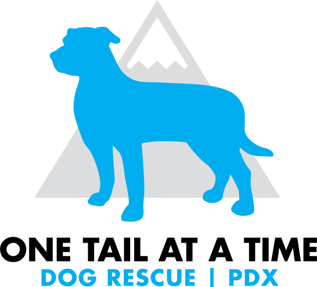 One Tail at a Time PDX (Portland, Oregon) logo light blue silhouette of a standing dog in front of a grey triangle