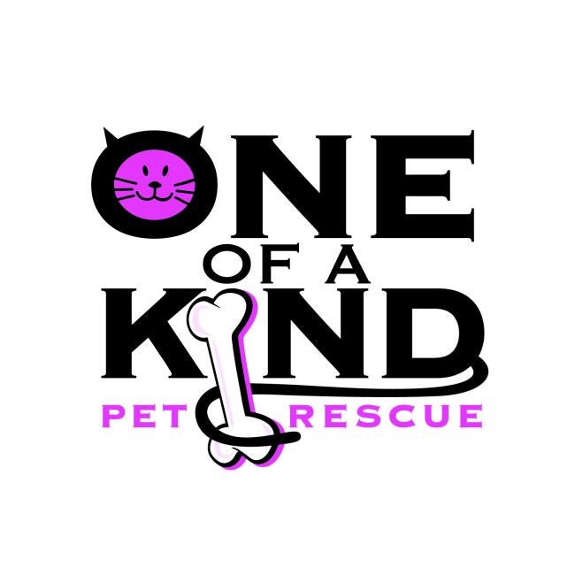 One of A Kind Pet  Rescue, Inc., (Akron, Ohio), logo black and purple text with the O containing a purple cat face and the I being a dog bone