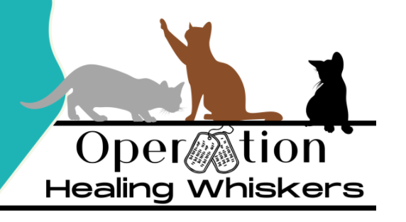 Operation Healing Whiskers, (Hope Mills, North Carolina) logo grey, brown and black cat silhouette with black text and turquoise design