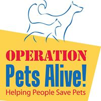 Operation Pets Alive (The Woodlands, Texas) of blue dog and cat silhouette, yellow banner, helping people save pets  
