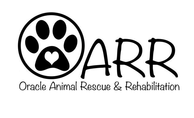 Oracle Animal Rescue and Rehabilitation Inc.(Oracle, Arizona) logo black letters black paw print in O white heart in paw pad 