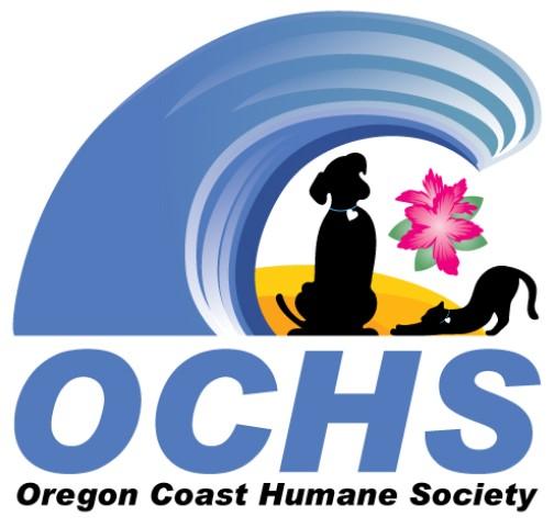 Oregon Coast Humane Society, (Florence, Oregon), logo black dog and cat on beach with pink hibiscus flower under blue wave above blue and black text