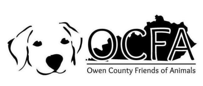 Owen County Friends of Animals, Inc., (Owenton, Kentucky), logo drawing of white puppy face next to black text