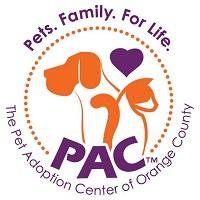 The Pet Adoption Center of Orange County (Lake Forest, California) logo is a white and orange dog and cat and a purple heart
