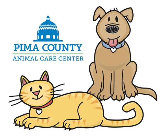 Pima Animal Care Center, (Tucson, Arizona) logo sitting tan dog and lying orange cat below blue text and capitol building
