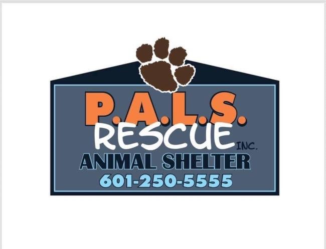 PALS Rescue Inc., (McComb, Mississippi), logo grey blue house with blue roof brown pawprint above orange white black and blue text