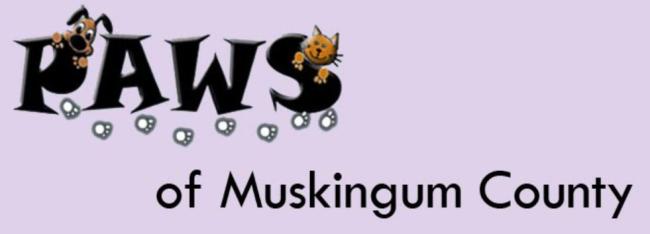 PAWS of Muskingum County, (Zanesville, Ohio) logo brown dog and cat with black text