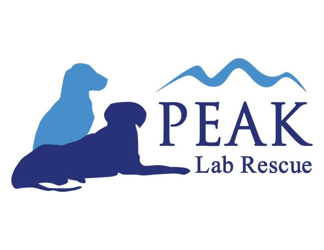 Peak Lab Rescue (Apex, North Carolina) logo white backdrop two dog silhouettes light blue sitting royal blue laying on tummy with head up light and royal blue lettering to the right