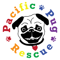 Pacific Pug Rescue (Tigard, Oregon) logo is a pug face with a heart tag circled by the org name in colorful letters