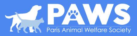 Paris Animal Welfare Society (Paris, Kentucky) logo is a blue rectangle with a cat & dog (side profile), "PAWS" & their name