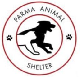 Parma Animal Shelter, Inc., (Parma, Ohio), logo black dog and white cat silhouette on white in red circle with black text