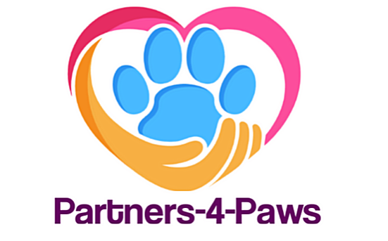 Partners-4-Paws, (Dickinson, Texas) logo blue paw in pink and orange heart with hand at bottom