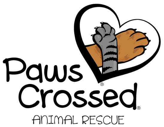 Paws Crossed Animal Rescue (Elmsford, New York) logo with gray striped cat paw crossed over tan dog paw in heart