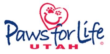 Paws for Life, (Heber City, Utah), logo heart, smile face, paws, blue and red text