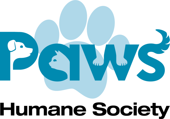 Paws Humane Inc., (Columbus, Georgia) logo light blue paw with darker blue and black text on white background