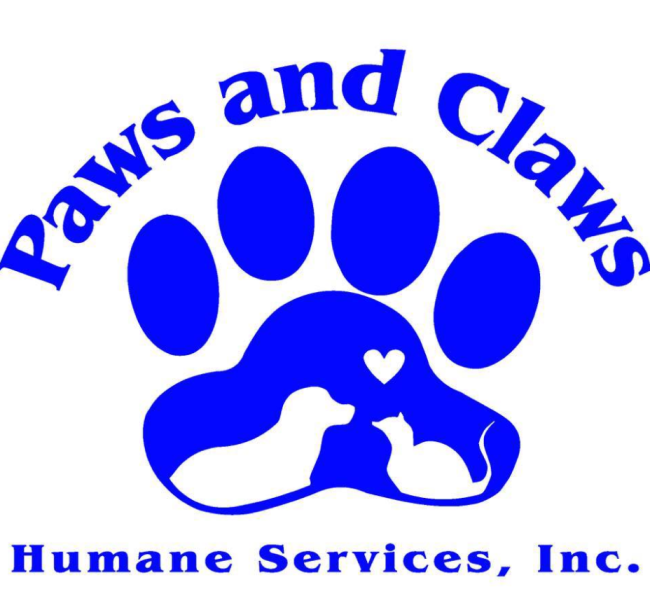 Paws & Claws Humane Services, Inc., (Irwinton, Georgia) logo blue paw with dog and cat silhouette in white with heart