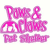 Paws & Claws Pet Shelter, (Huntsville, Arkansas), logo pink text white cat and dog on pink background