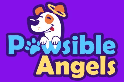 Pawsible Angels, (Findlay, Ohio), logo cartoon dog with a halo with blue and yellow text