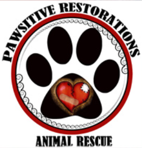 Pawsitive Restorations Animal Rescue, (Aurora, Colorado) logo black dog paw in red circle with black text