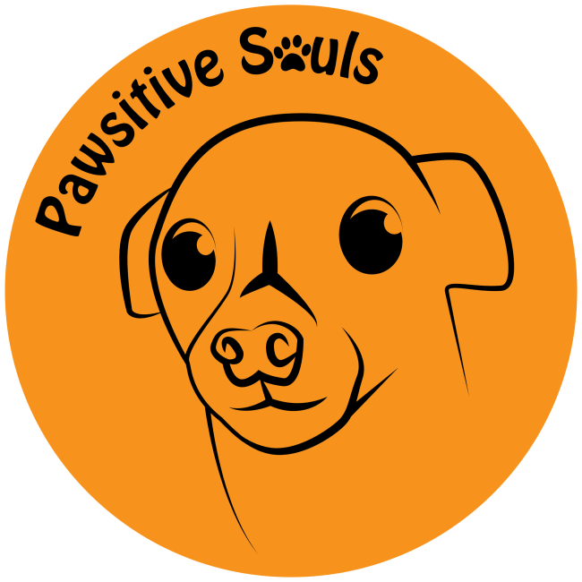 Pawsitive Souls, (Gearhart, Oregon), logo drawing of small dog in yellow circle with black text