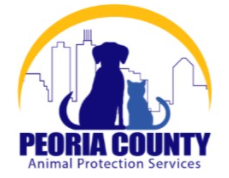 Peoria County Animal Protection Services, (Peoria, Illinois), logo blue dog and cat in front of skyline under yellow rainbow with text below