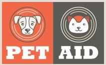 Pet Aid (Denham Springs, Louisiana) logo of two squares, orange, grey, dog, cat, heads, circles, pet aid