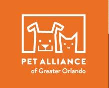 Pet Alliance of Greater Orlando (Orlando, Florida) logo of yellow dog, orange cat, rectangle, Pet Alliance of Greater Orlando