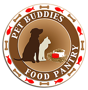 Pet Buddies Food Pantry (Acworth, Georgia) logo is a cat and dog with overflowing food bowls in a circle with bones and fish