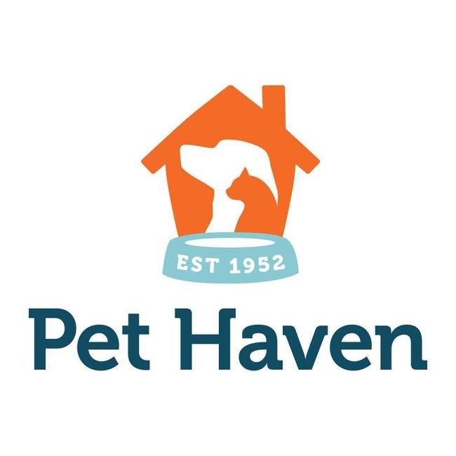 Pet Haven Inc of MN, (Minneapolis, Minnesota), logo of orange cat shape in front of white dog shape inside of orange house shape above light-blue food bowl with white text above teal text