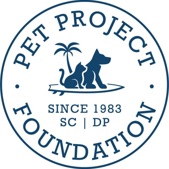Pet Project Foundation, (San Clemente, California), logo blue dog and cat on blue surfboard in front of blue palm tree surrounded by blue text and circle