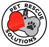 Pet Rescue Solutions, (South El Monte, California), logo of red heart, paw print, dog tag, circle, pet rescue solutions