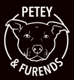 Petey and Furends (Rockville, Maryland) logo is pit bull face and org name in white on black background