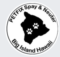 Petfix Spay & Neuter, (Waikoloa, Hawaii), logo white circle outlined in black with black Big Island shape and white paw prints