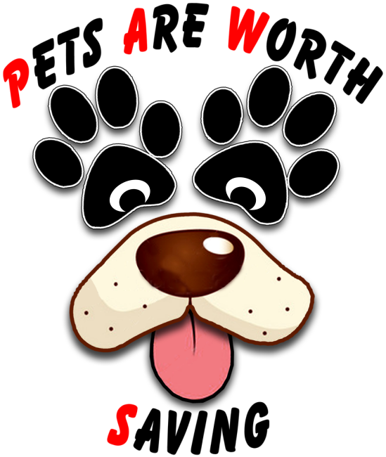 Pets Are Worth Saving (PAWS) (Corona, California) logo is a dog face with pawprints for eyes in the middle of the org name