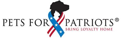 Pets for Patriots (Long Beach, New York) logo is a dog and cat head with a stars & stripes ribbon in the middle of the org name