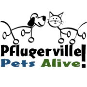 Pflugerville Pets Alive! (Pflugerville, Texas) logo of dog and cat stick figures, silhouettes, Pflugerville Pets Alive!