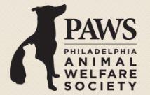 Philadelphia Animal Welfare Society (PAWS) (Philadelphia, Pennsylvania) logo of black dog, white cat, PAWS