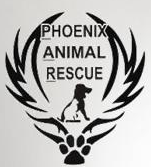 Phoenix Animal Rescue (Chester Springs, Pennsylvania) logo of paw print, angel feather wings, black dog, white cat 