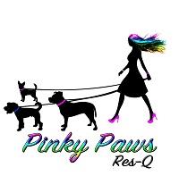 Pinky Paws ResQ (Fowler, California) logo is a woman with multi-colored hair and pink shoes walking three dogs