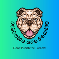 Pitbulls Are Family, Inc. (New York, New York) logo green fading to blue vertical background drawn happy face of a dog tongue out black outline bubble lettering around bottom of face black regular type below