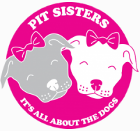 Pit Sisters (Jacksonville, Florida) logo is two pit bulls with bows on their heads in a pink circle with the org name & tagline