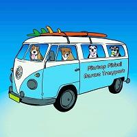 PitStop Pit Bull Rescue Transport (Jacksonville Beach, Florida) logo is dogs in a blue and white VW bus with a surfboard on top