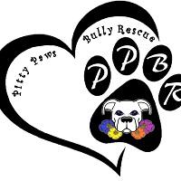 Pitty Paws Bully Rescue (Victoria, Texas) logo is a pawprint with a pit bull face and flowers in the paw pad and a heart outline