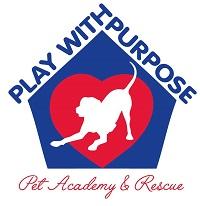 Play with Purpose Pet Academy & Rescue, (Pineville, North Carolina), logo white dog play bowing inside red heart inside blue dog house with blue and red text