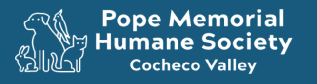 Pope Memorial Humane Society Cocheco Valley, (Dover, New Hampshire) logo white dog, cat, and bunny outline on blue background 