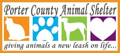 Porter County Animal Shelter (Valparaiso, Indiana) logo is a cat, pawprint, dog, and heart in a different colored square