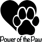 Power of the Paw (Post Falls, Idaho) logo is a black heart with a black paw print in front of it above the organization name