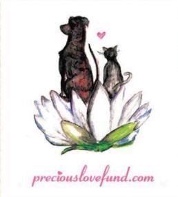 Precious Love Fund, (Wenonah, New Jersey), logo painting of dog and cat from behind sitting on white flower amidst petals with a pink heart in the air and pink text